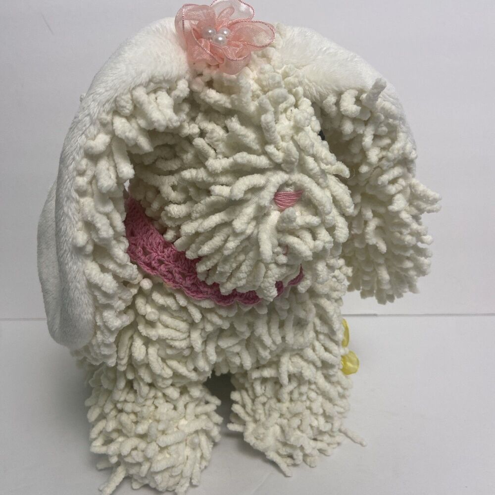 Bunny Mop Plush Animal Chenille Bead Bows Flower Pearl Pink Crochet Weighted